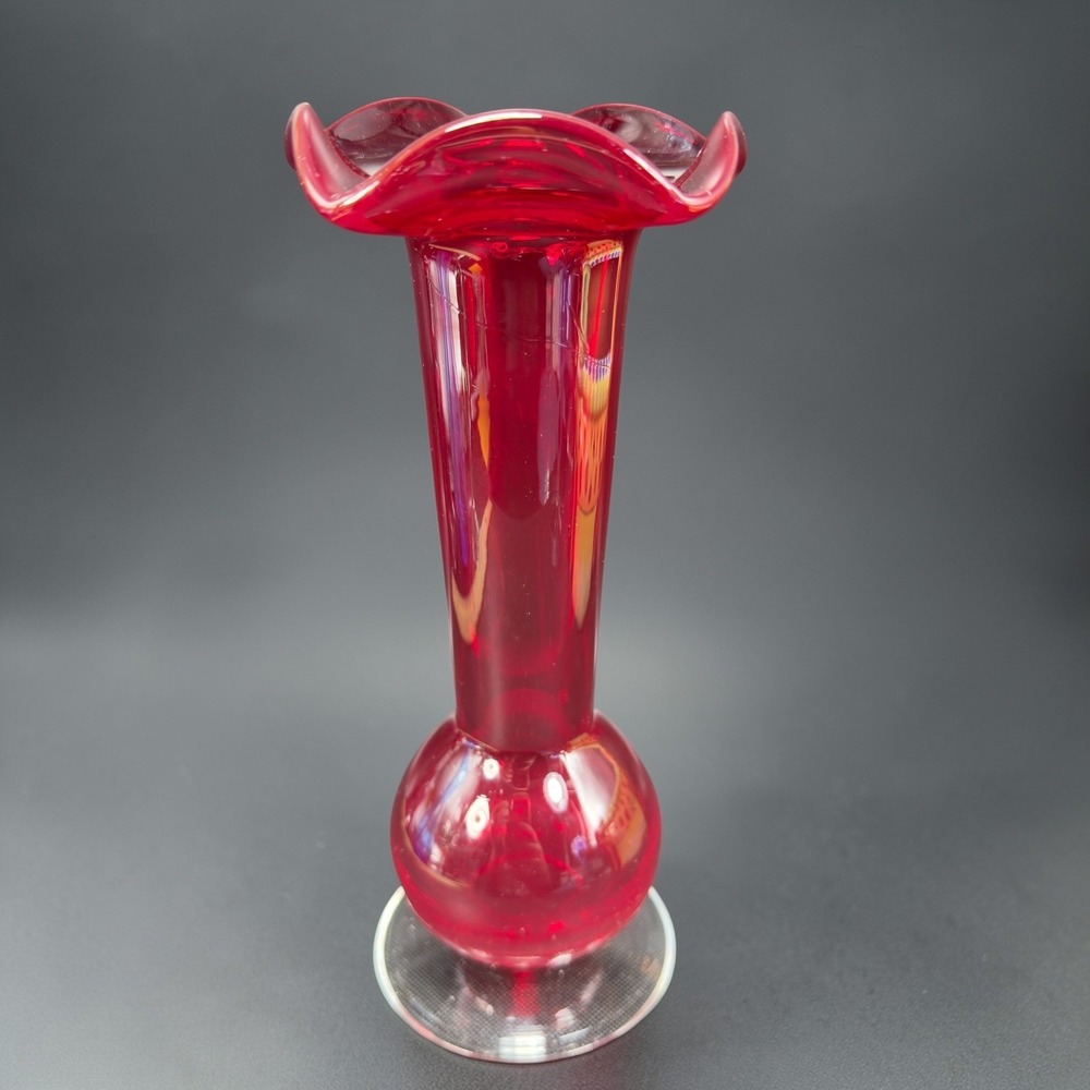 Vintage Ruby Red Crackle Art Glass Bud Vase Ruffled‎ Rim Clear Base 1990s Vase